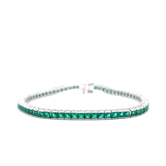 Square Cut Green Emerald Tennis Bracelet in Platinum