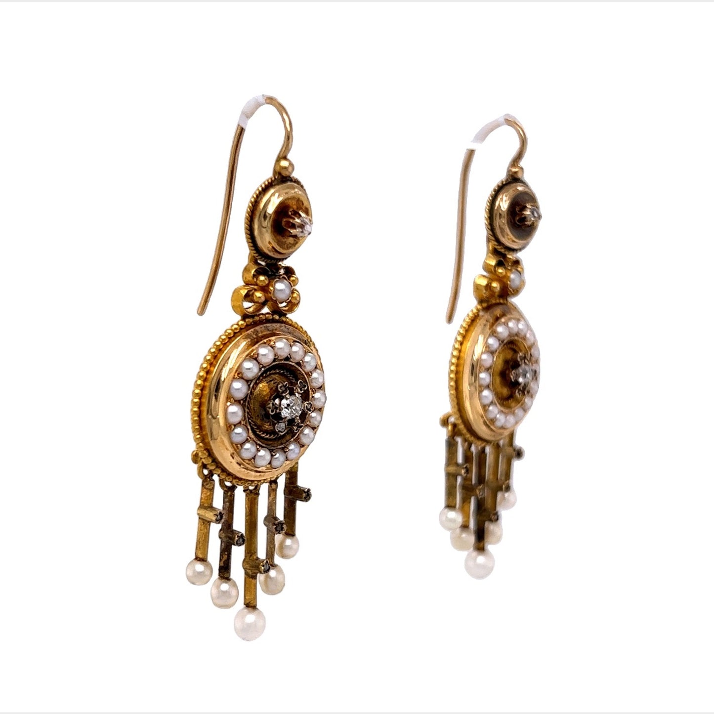 Victorian Diamond & Pearl Matching Jewelry Set in 14k Yellow Gold