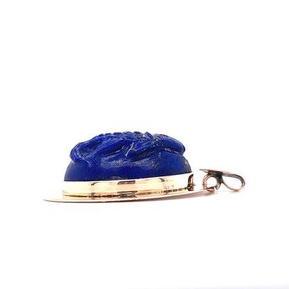 Victorian Carved Lapis Pisces Fish Pendant in 9k Yellow Gold