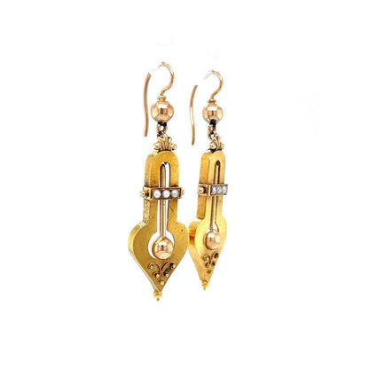 Victorian Ornate Pearl Drop Earrings in 14k Yellow Gold