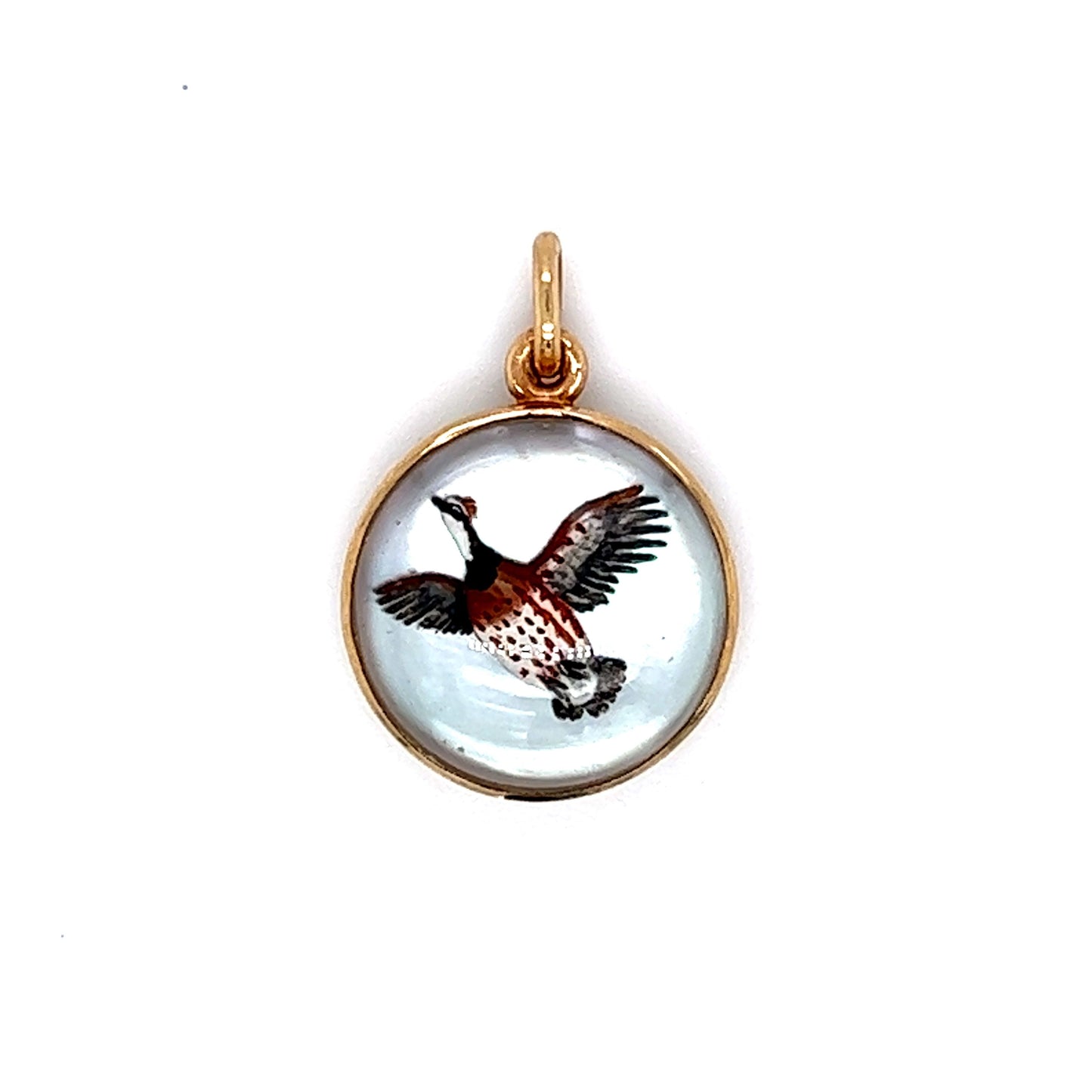 Retro Hand Painted Grouse Pendant in 14k Yellow Gold