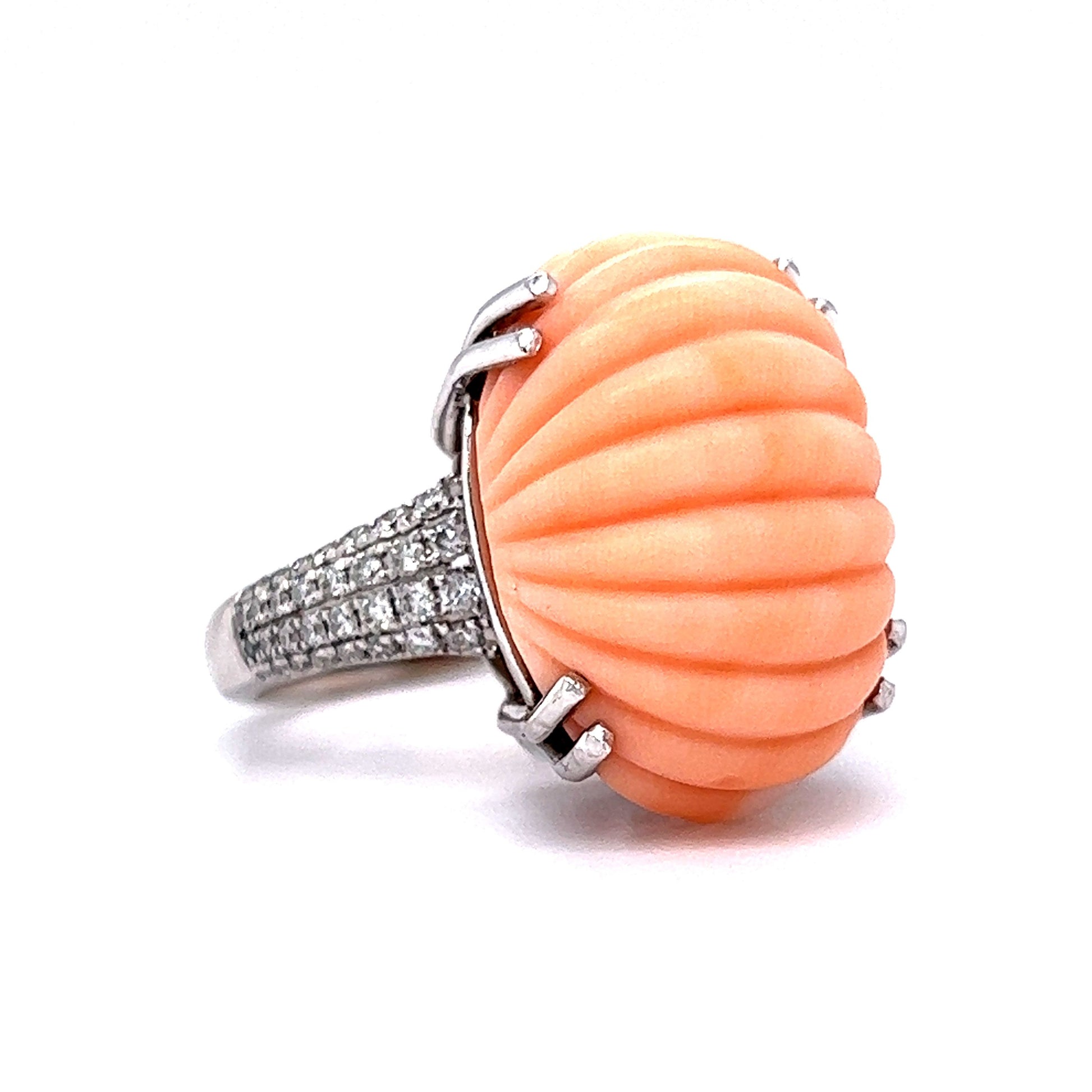 Modern Carved Oval Coral Cocktail Ring in 14k White Gold