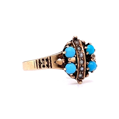 Victorian Cabochon Turquoise & Pearl Cocktail Ring 10k