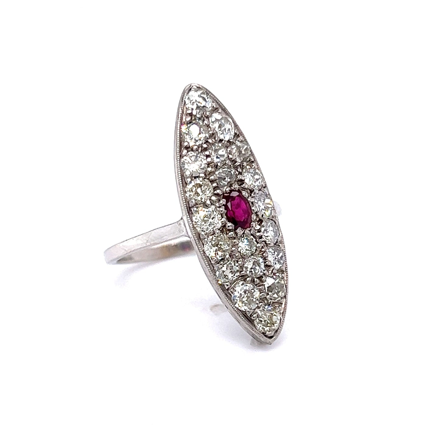 Edwardian Diamond w/ Ruby Navette Ring in 14K