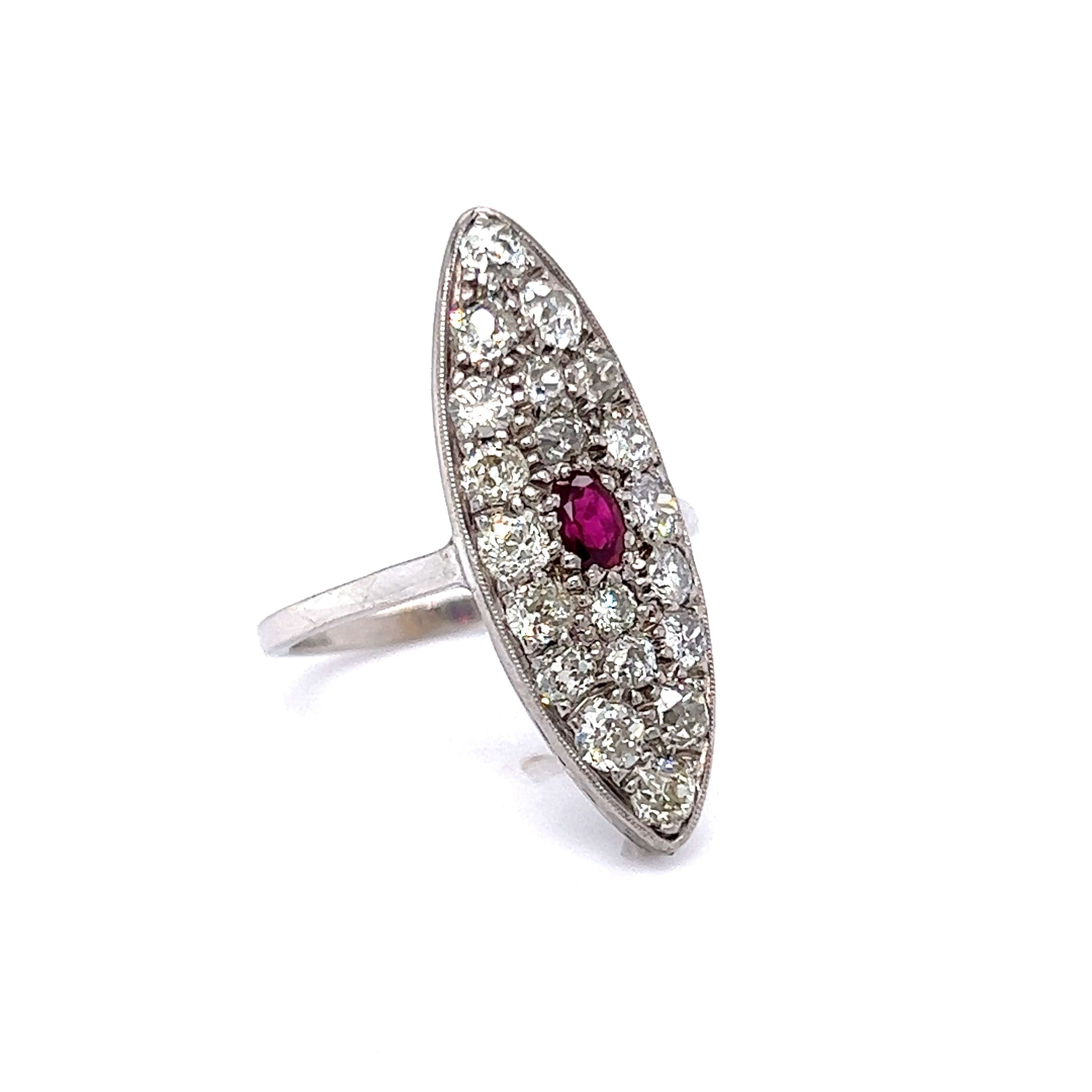 Edwardian Diamond w/ Ruby Navette Ring in 14K