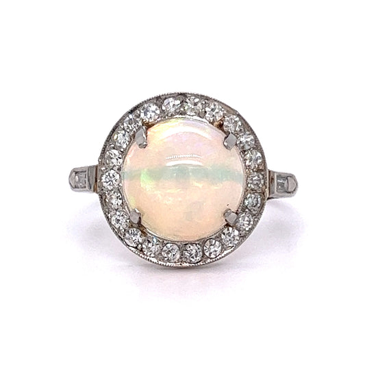 Round Cabochon Opal & Diamond Cocktail Ring in Platinum