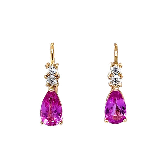 Natural Pink Sapphire & Diamond Drop Earrings in 14k Yellow Gold