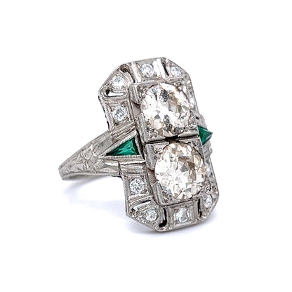 Antique Double Diamond & Emerald Cocktail Ring in Platinum