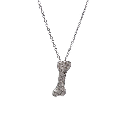 Dog Bone Pendant Necklace with Diamonds in 14k White Gold