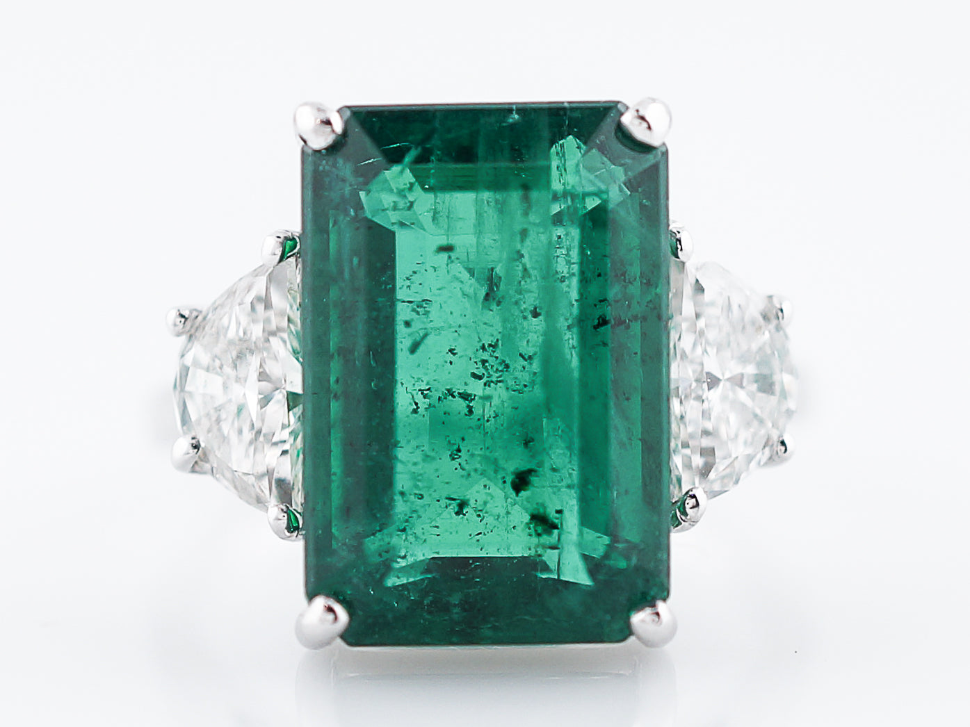 Right Hand Ring Modern 10.02 GIA Octagonal Step Cut Emerald & 1.24 Half moon Cut Diamonds in 14k White Gold