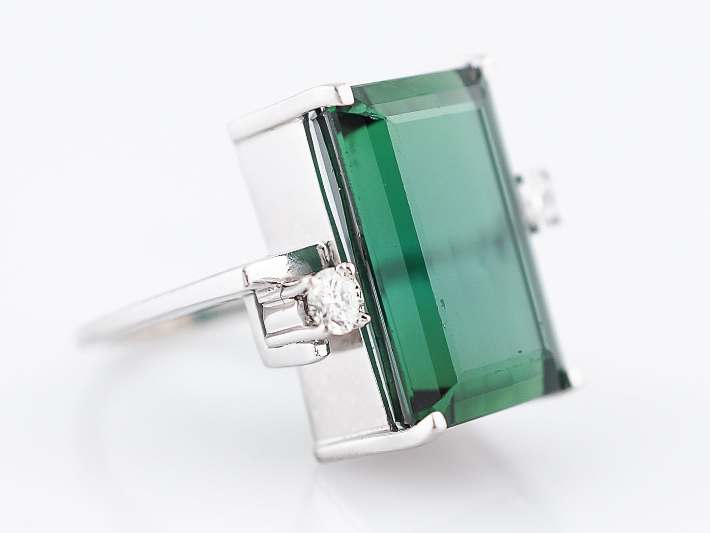 Vintage Cocktail Ring Mid-Century 12.91 Rectangle Cut Chrome Tourmaline in 14k White Gold