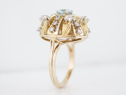 Vintage Right Hand Ring Mid-Century .58 Round Aquamarine & .66 Round Brilliant Cut Diamonds in 14K Yellow Gold