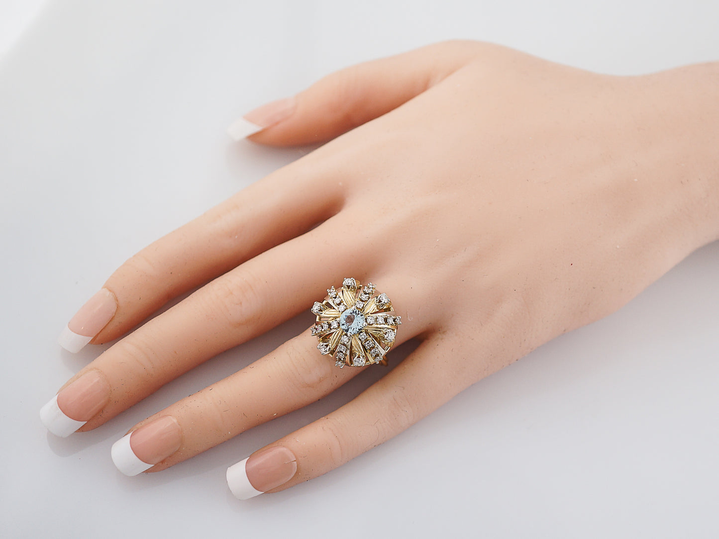 Vintage Right Hand Ring Mid-Century .58 Round Aquamarine & .66 Round Brilliant Cut Diamonds in 14K Yellow Gold