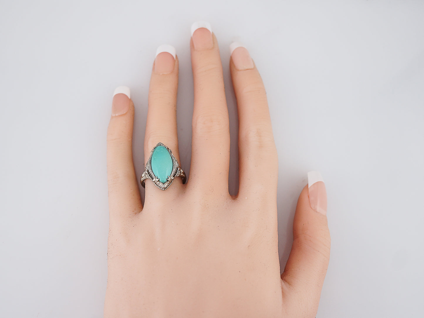 Antique Right Hand Ring Art Deco 6.18 Cabochon Cut Turquoise in 14K White Gold
