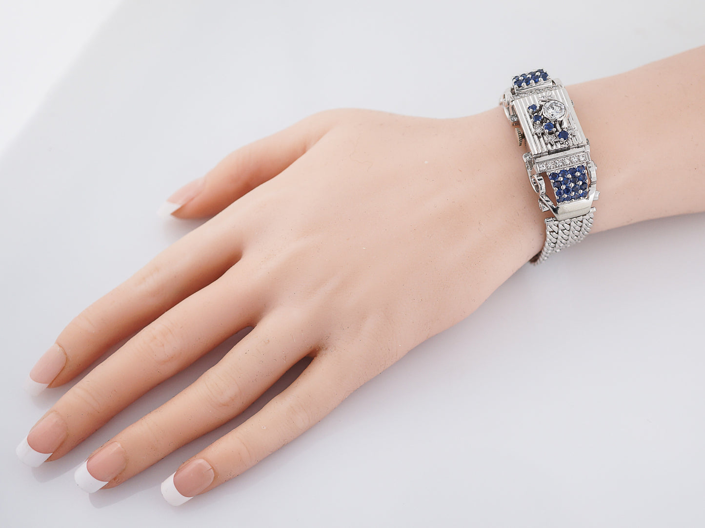 Ladies Vintage Mid-Century Watch Lucien Piccard Diamond & Sapphire in 14k White Gold