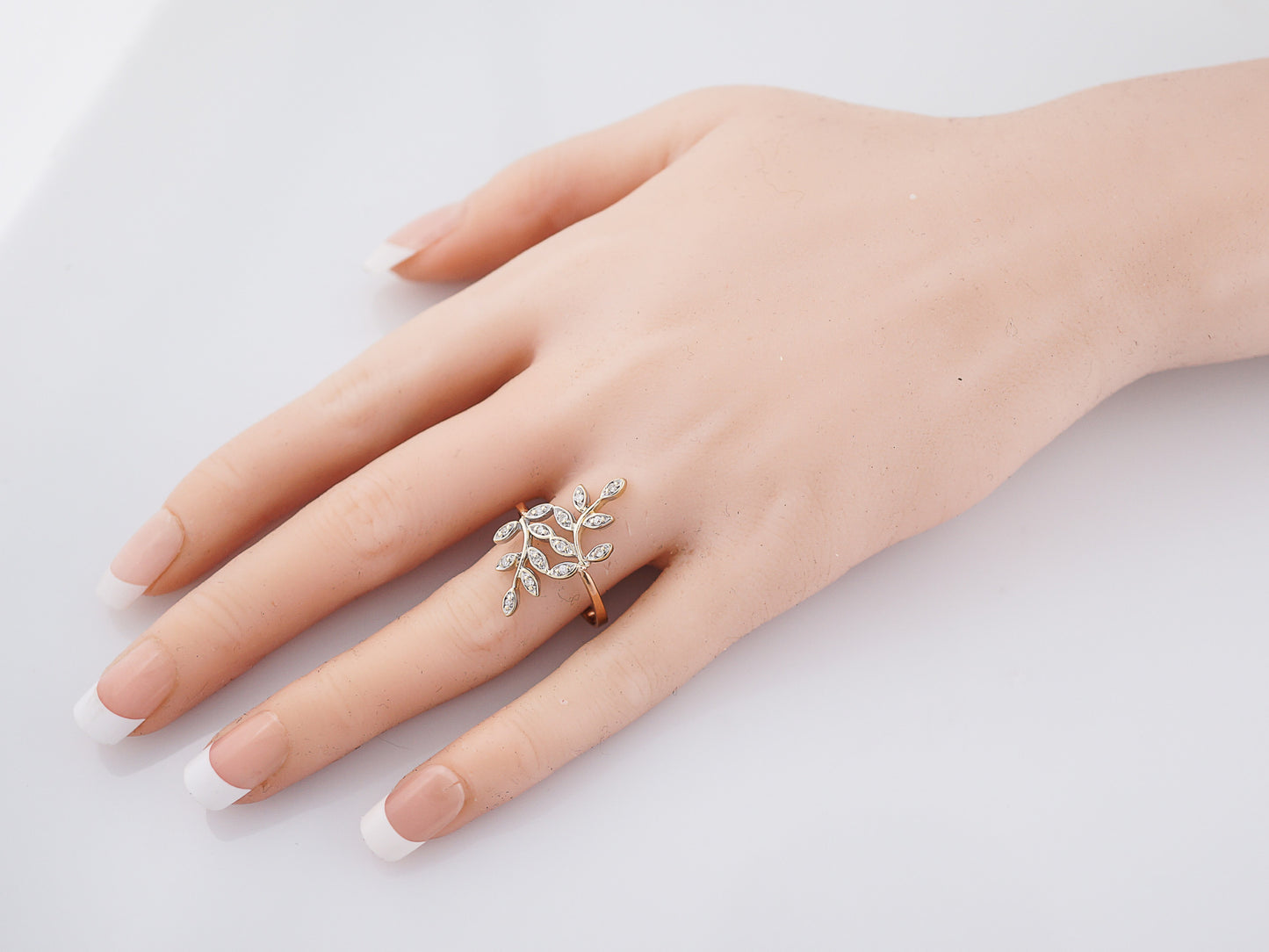 Modern Leaf Motif Ring .14 Single Cut Diamonds in 14K Rose & Yellow Gold