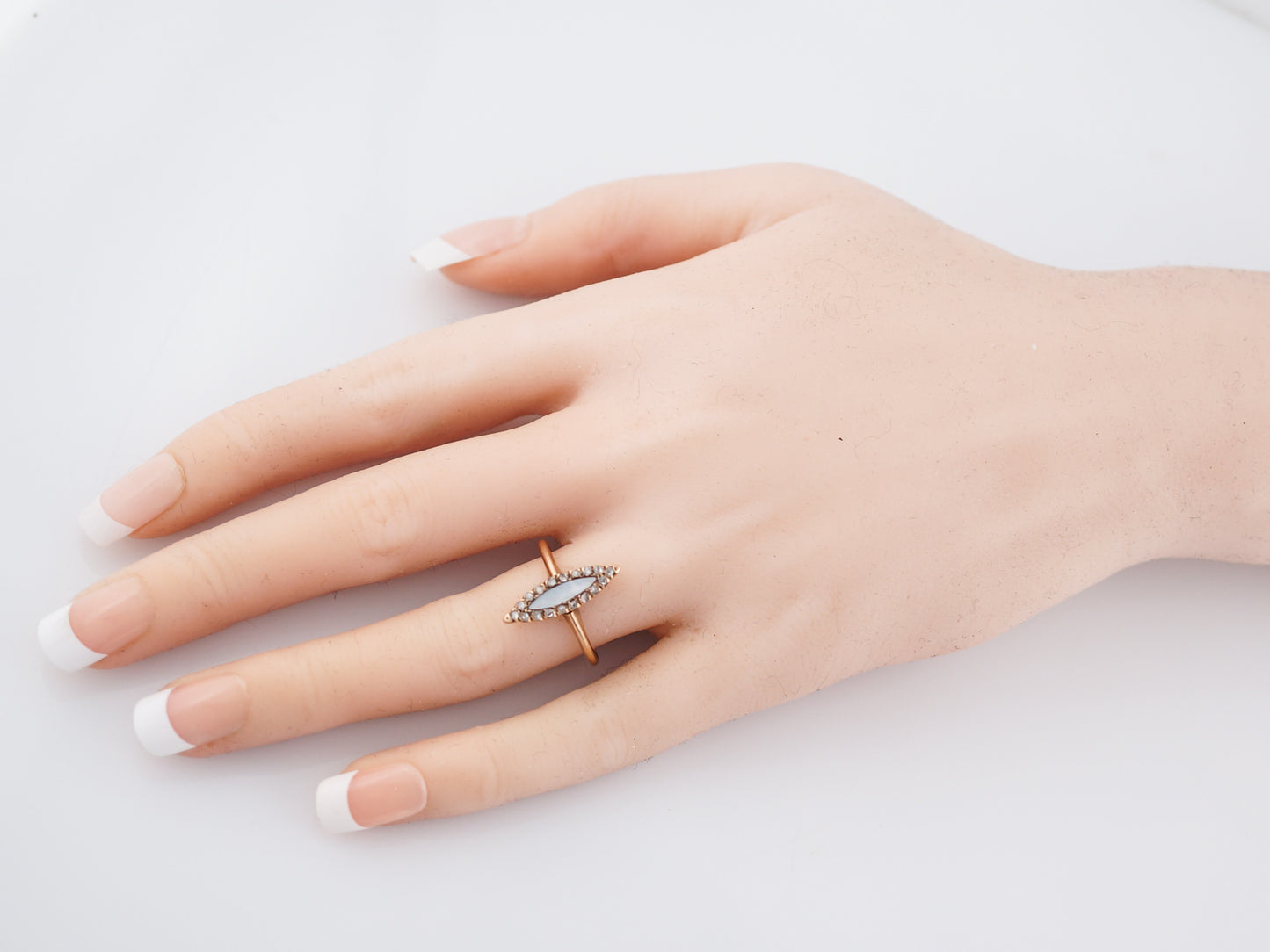 Antique Right Hand Ring Victorian .25 Rose Cut Diamonds & Mother of Pearl in 14k Yellow Gold