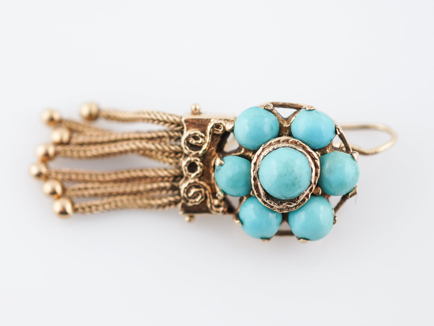 Antique Dangle Drop Earrings Victorian Cabochon Cut Turquoise in 14k Yellow Gold