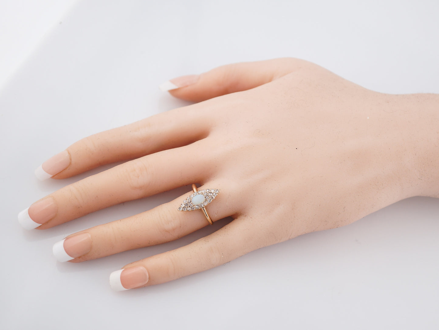 Antique Right Hand Ring Victorian .31 Cabochon Cut Opal & .26 Rose Cut Diamonds in 14k Yellow Gold