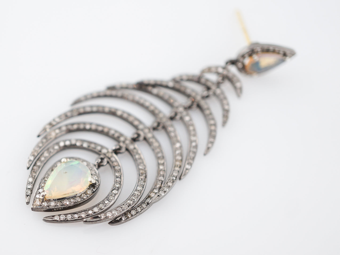 Dangle Drop Earrings Modern 2.29 Single Cut Diamonds & 2.48 Pear Cut Opals in Sterling Silver