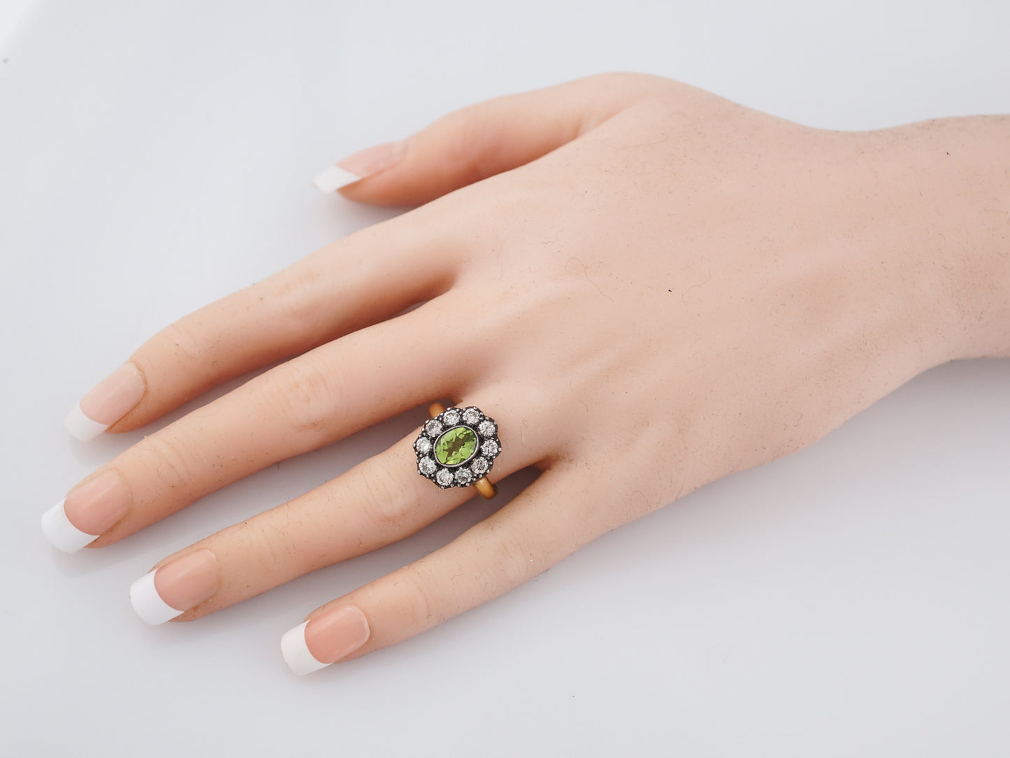 Right Hand Ring Modern 1.04 Oval Cut Peridot & 1.00 Round Brilliant Cut Diamonds in 18K Yellow Gold & Sterling Silver