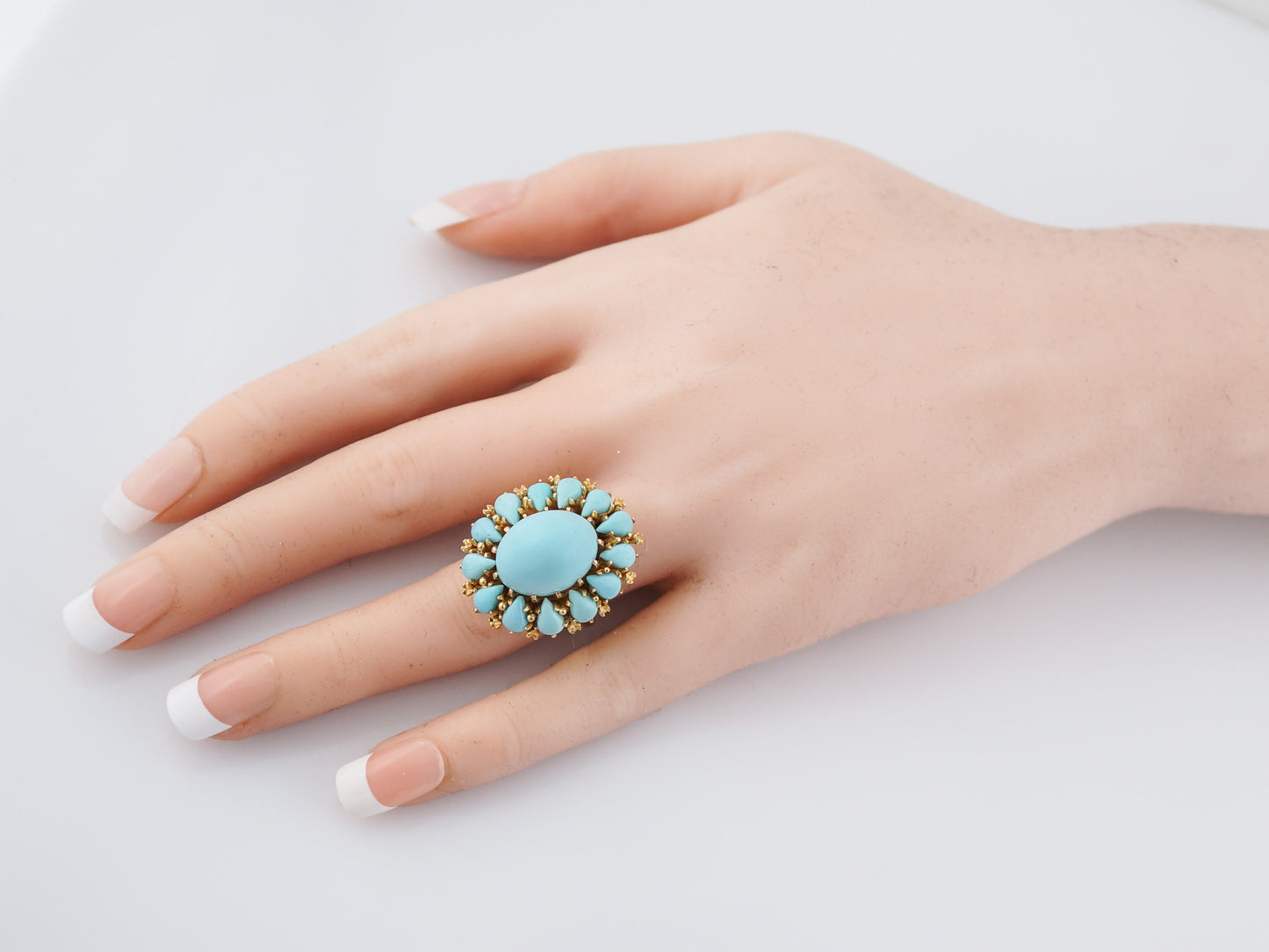 Vintage Cocktail Ring Mid Century 31.10 Cabochon Cut Turquoise in 18K Yellow Gold
