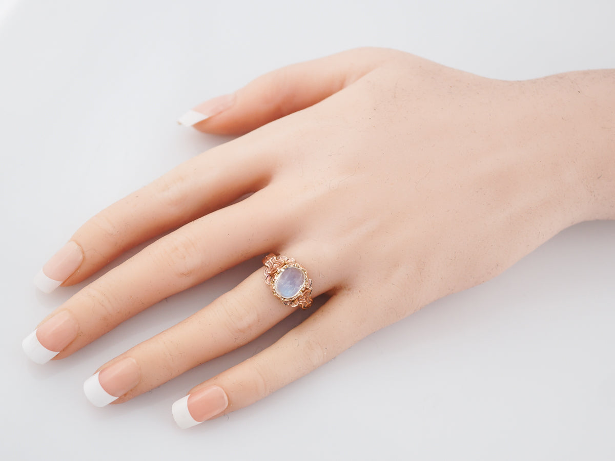Antique Right Hand Ring Victorian 1.50 Oval Cabochon Cut Moonstone in 14K Rose Gold
