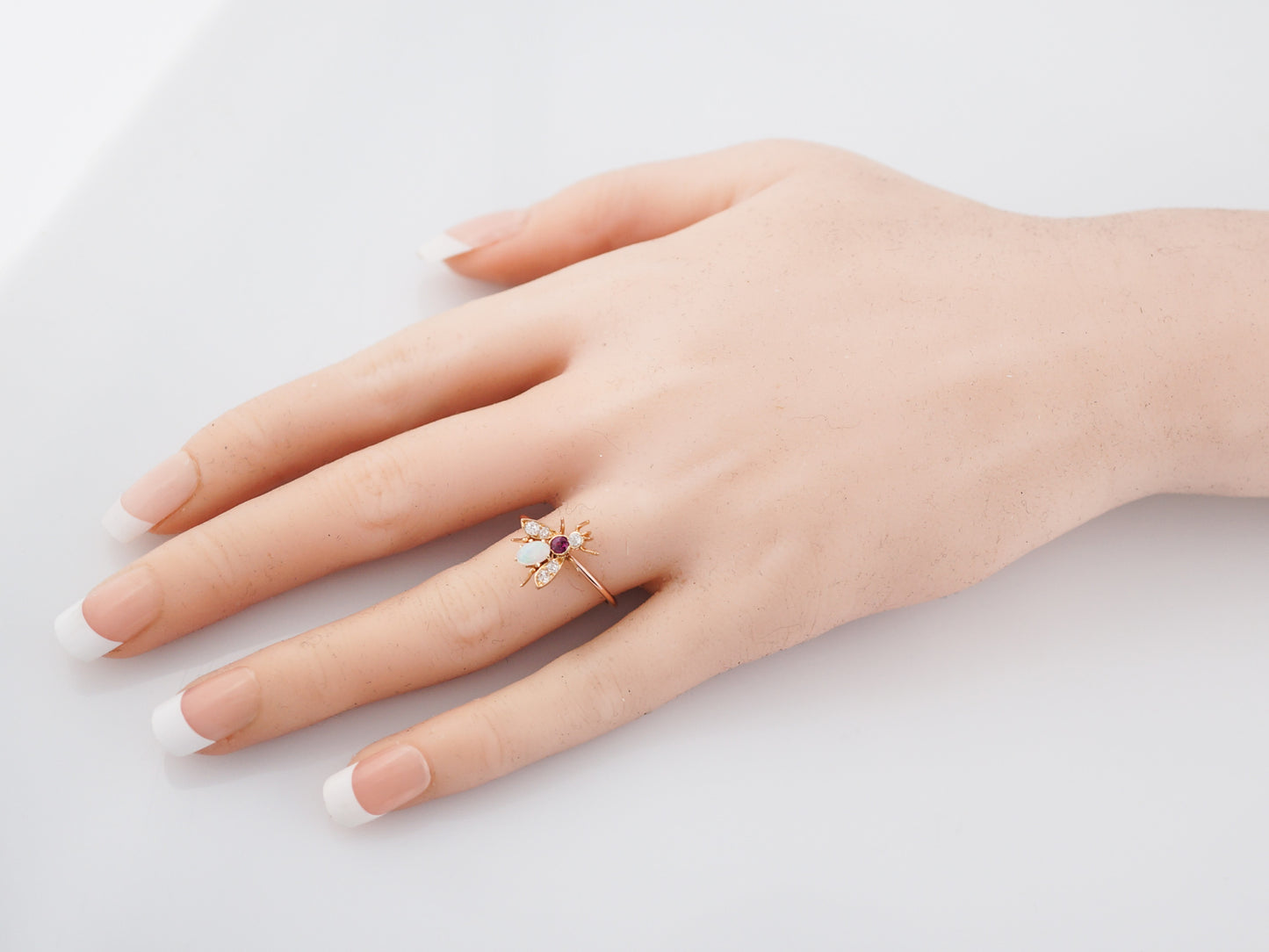 Antique Right Hand Ring Victorian .16 Oval Cabochon Cut Opal & .10 Old Mine Cut Diamonds in 14K Rose Gold