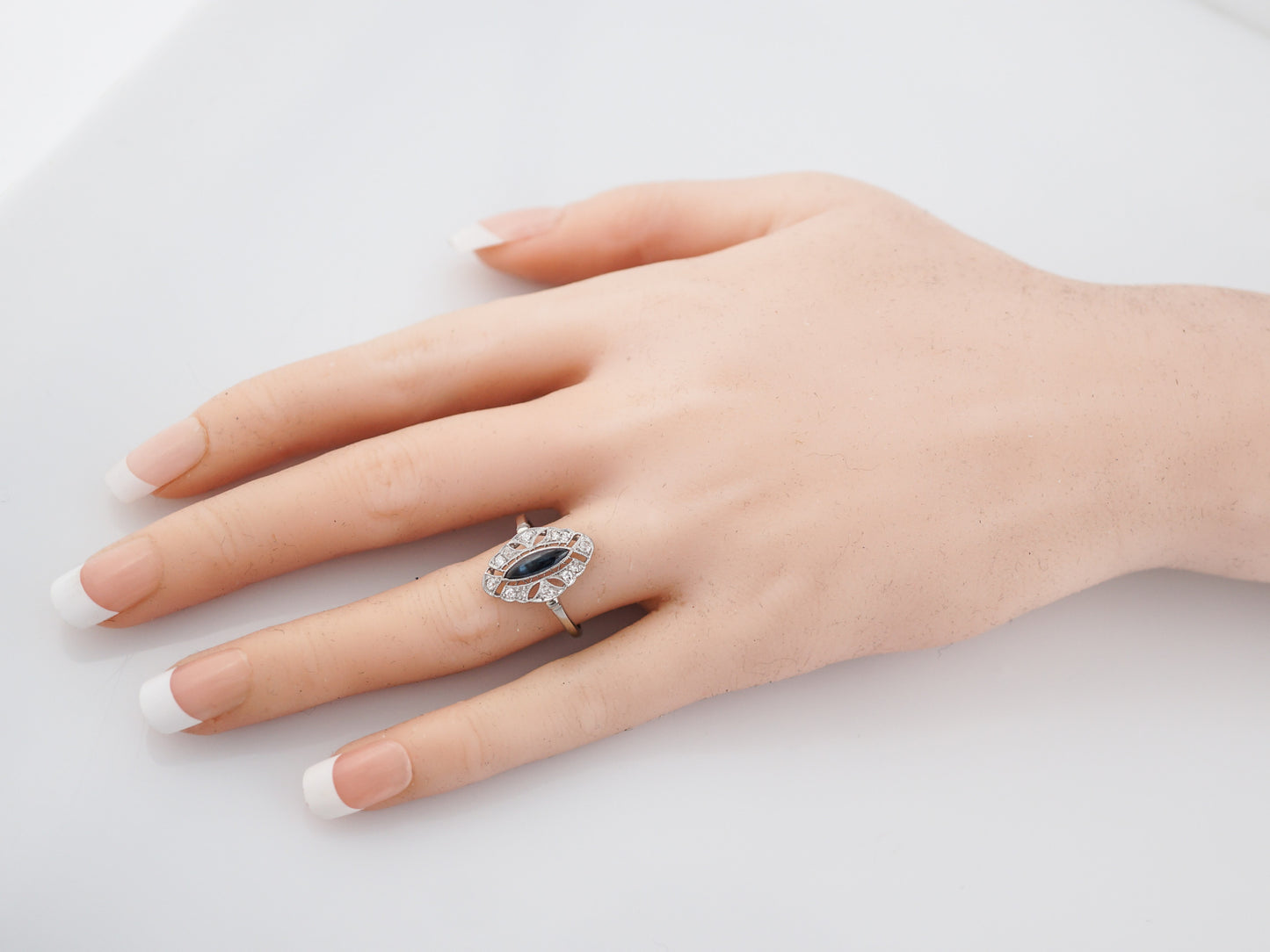 Antique Right Hand Ring Art Deco 1.11 Cabochon Marquise Cut Sapphire in Platinum