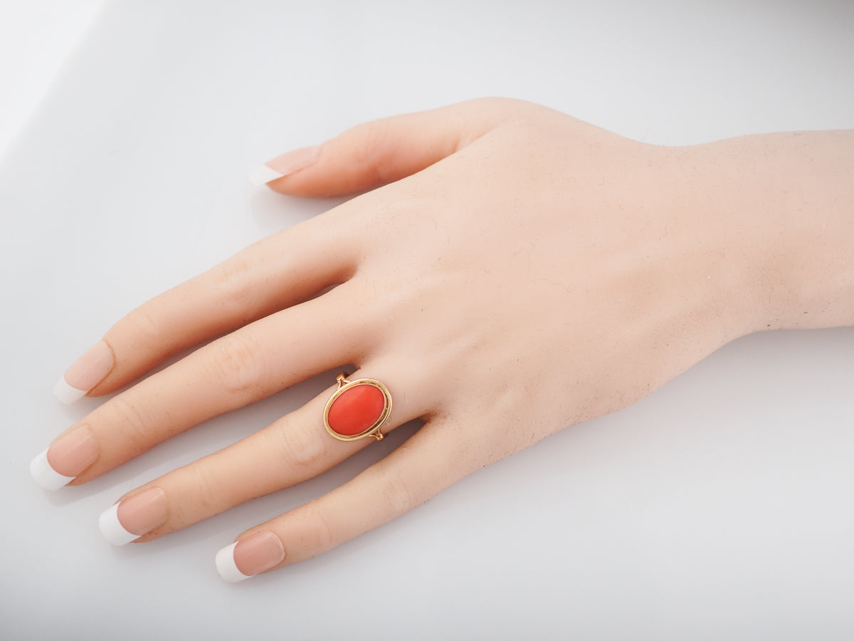 Antique Right Hand Ring Victorian 2.96 Cabochon Cut Coral in 14K Yellow Gold