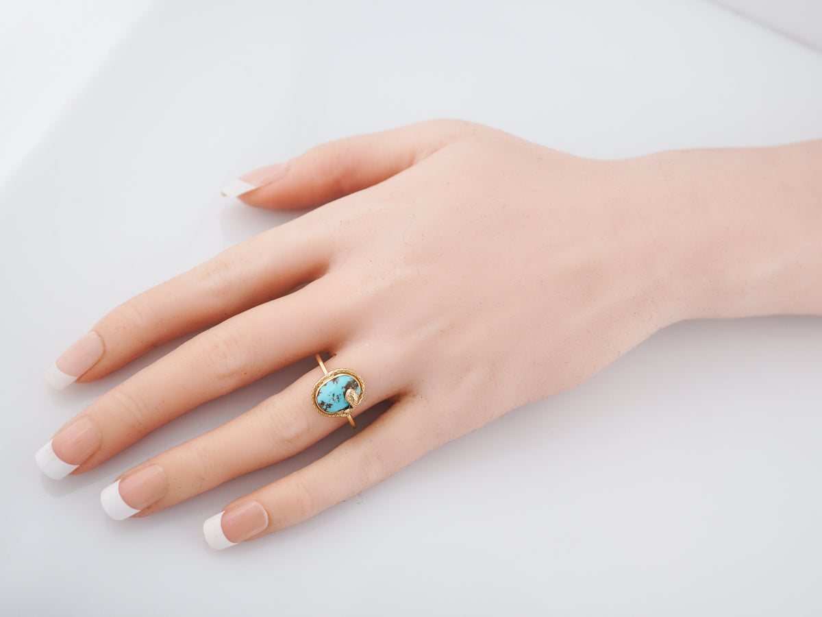 Antique Right Hand Ring Victorian 1.92 Cabochon Cut Turquoise in 18K Yellow Gold