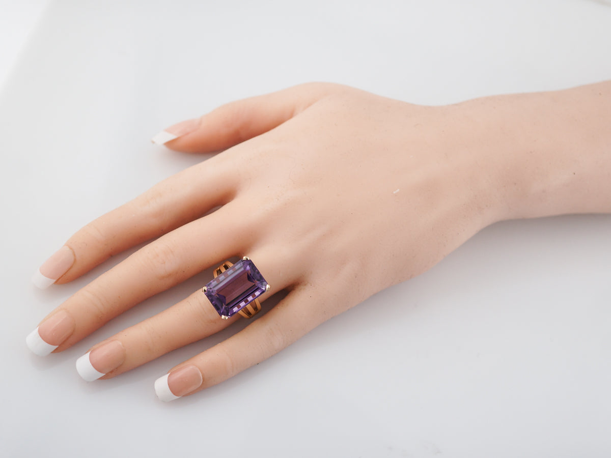 Vintage Cocktail Ring Mid-Century 14.06 Emerald Cut Amethyst in 14K Yellow Gold