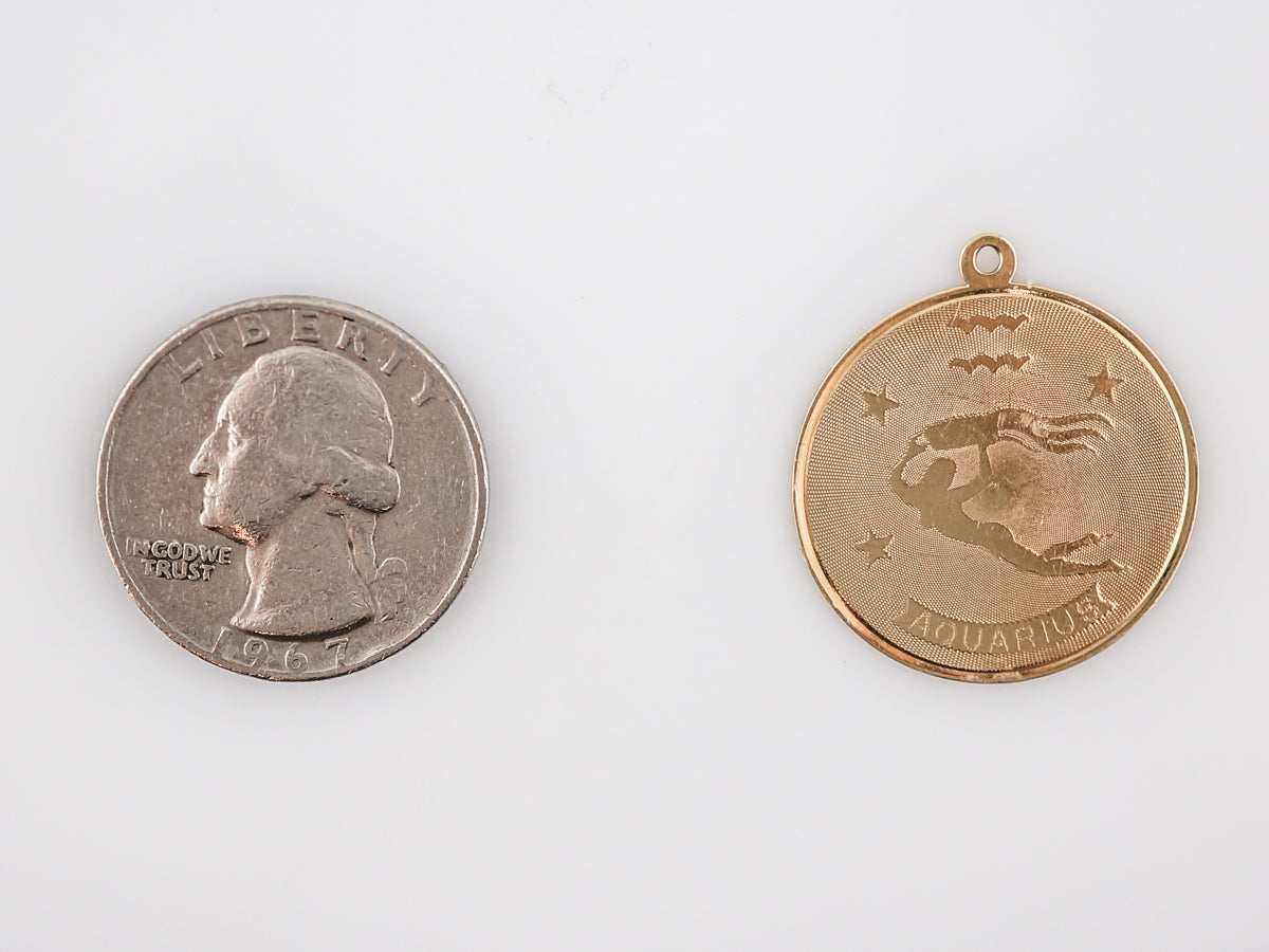 Vintage Pendant Charm Gold Aquarius Coin Mid-Century 14k Yellow Gold