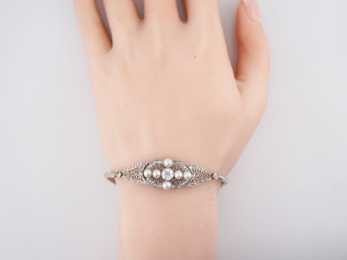 Antique Bracelet Art Deco .66 Old European Cut Diamond & Pearls in Platinum