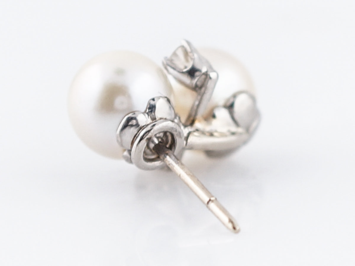Vintage Earrings Mid-Century Akoya Pearl & .28 Round Brilliant Cut Diamonds in 14k White Gold