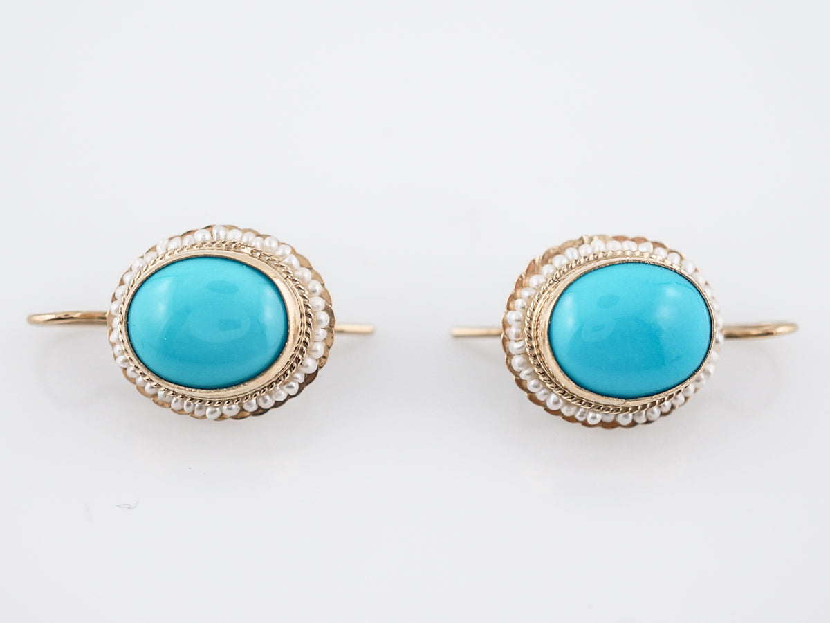 Earrings Modern 5.48 Cabochon Cut Turquoise & Seed Pearls in 14k Yellow Gold