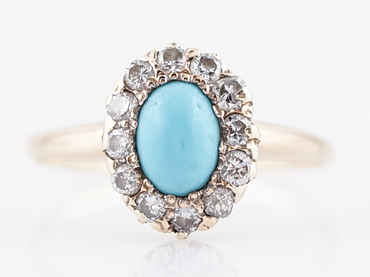 Antique Right Hand Ring Victorian .50 Cabochon Cut Turquoise & .42 Old Mine Cut Diamonds in 14k Yellow Gold