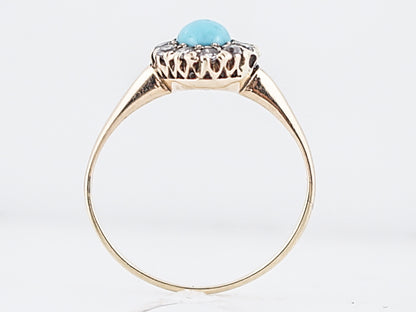 Antique Right Hand Ring Victorian .50 Cabochon Cut Turquoise & .42 Old Mine Cut Diamonds in 14k Yellow Gold