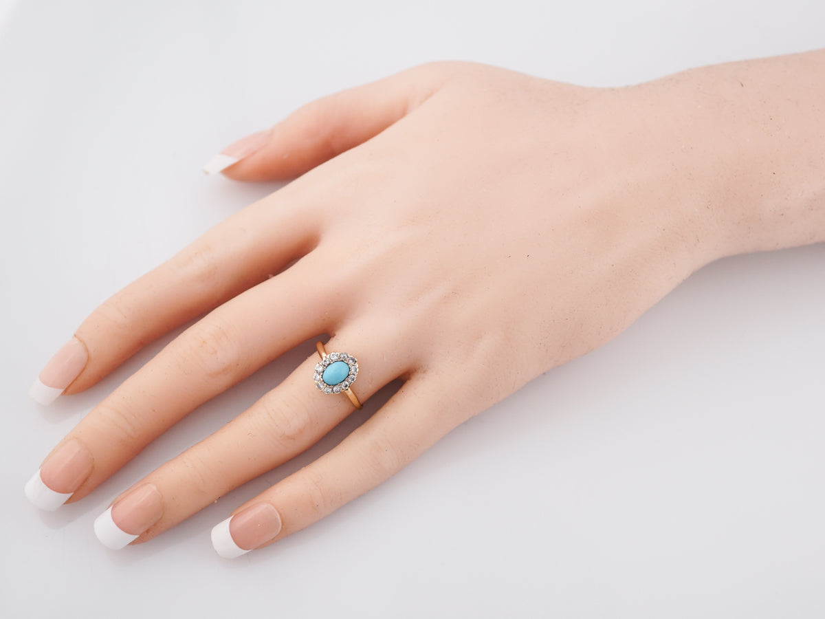 Antique Right Hand Ring Victorian .50 Cabochon Cut Turquoise & .42 Old Mine Cut Diamonds in 14k Yellow Gold