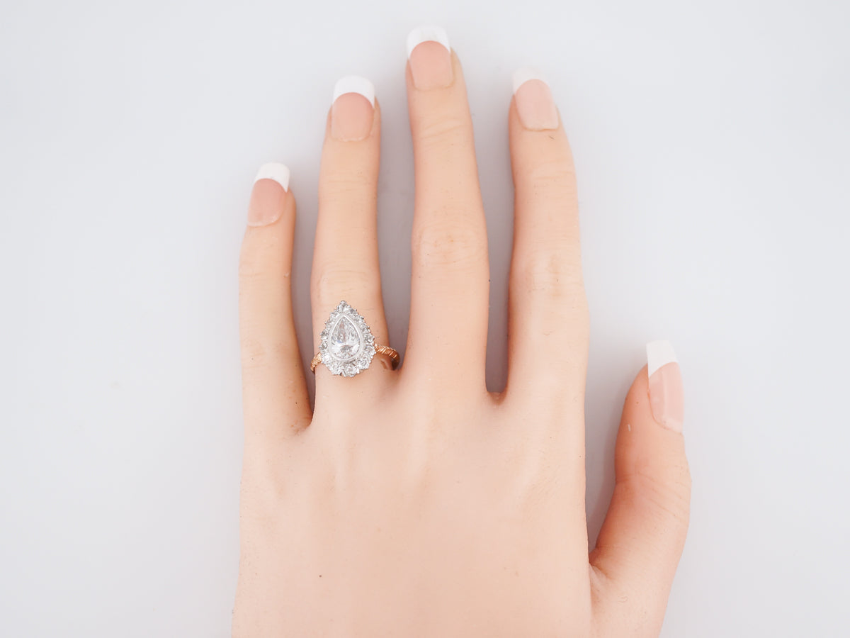 Antique Engagement Ring Victorian GIA 1.26 Pear Cut Diamond in 14k Yellow & White Gold