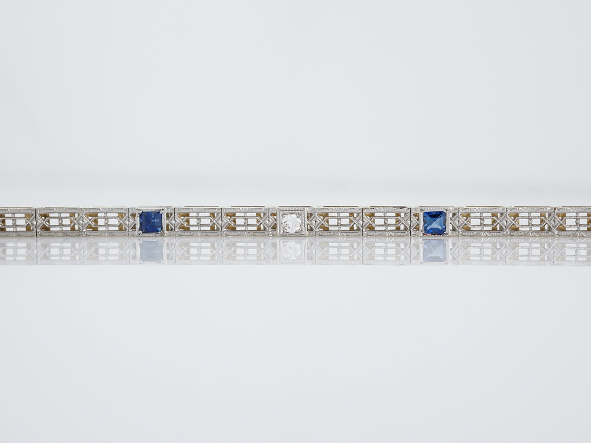 Antique Bracelet Deco .50 Square Cut Synthetic Sapphire in Platinum & 14k Yellow Gold