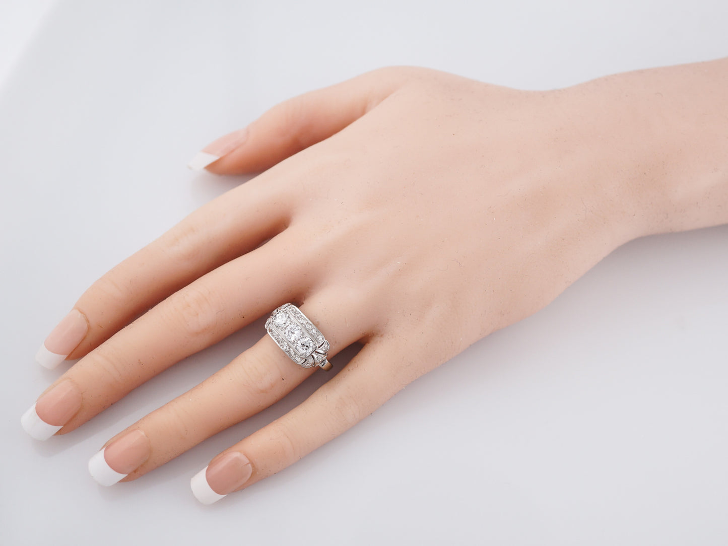 Three Stone Vintage Filigree Diamond Engagement Ring