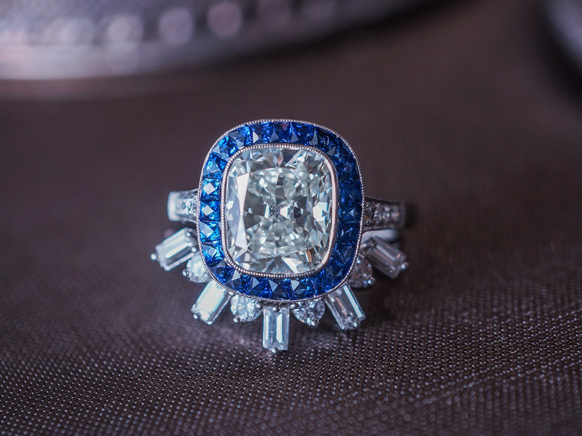 3 Carat Cushion Diamond & Sapphire Halo Engagement Ring