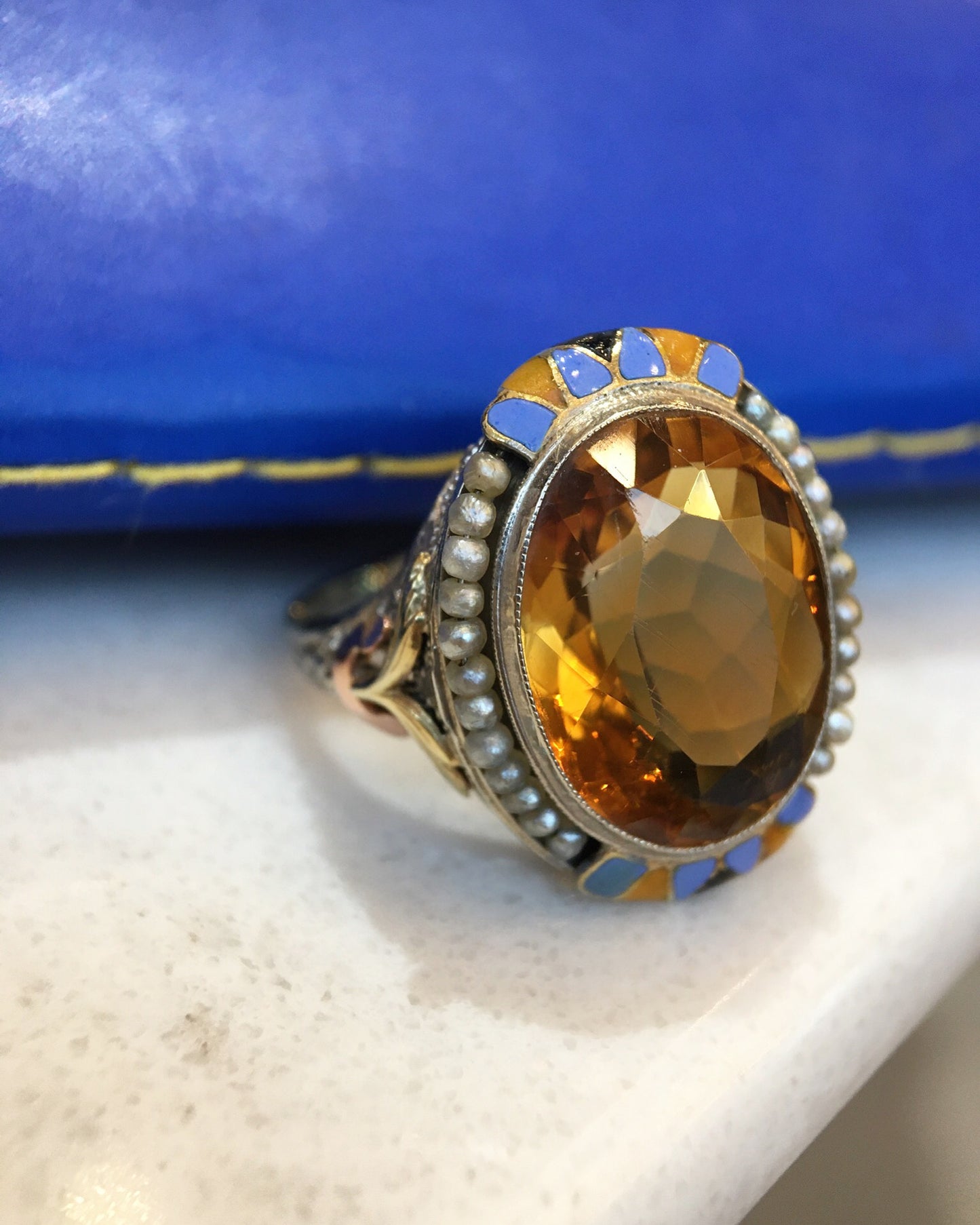 Vintage Art Deco Citrine & Seed Pearl Cocktail Ring