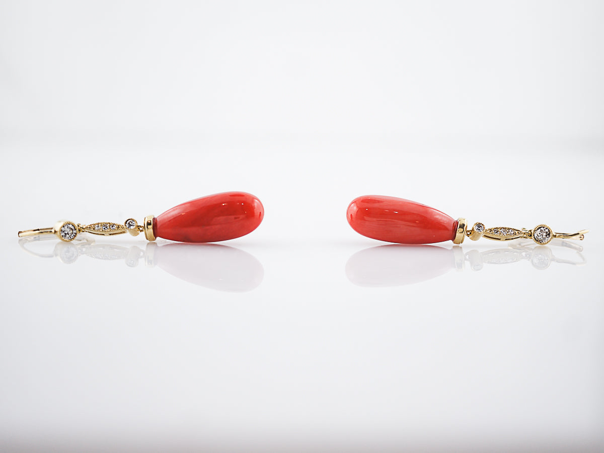 ***RTV***Dangle Drop Earrings Modern Cabochon Cut Coral & .31 Round Brilliant Cut Diamonds in 18k Yellow Gold