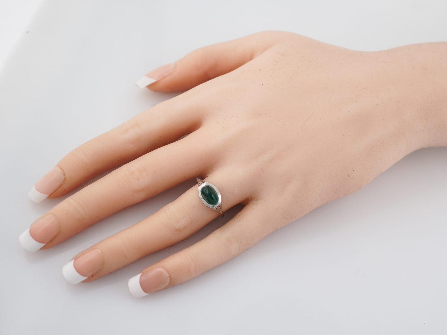 Antique Engagement Ring Art Deco 1.98 Cabochon Cut Emerald in 14k White Gold