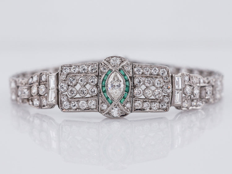 Antique Bracelet Art Deco 2.99 Old European Cut Diamond & .07 Emeralds in Platinum