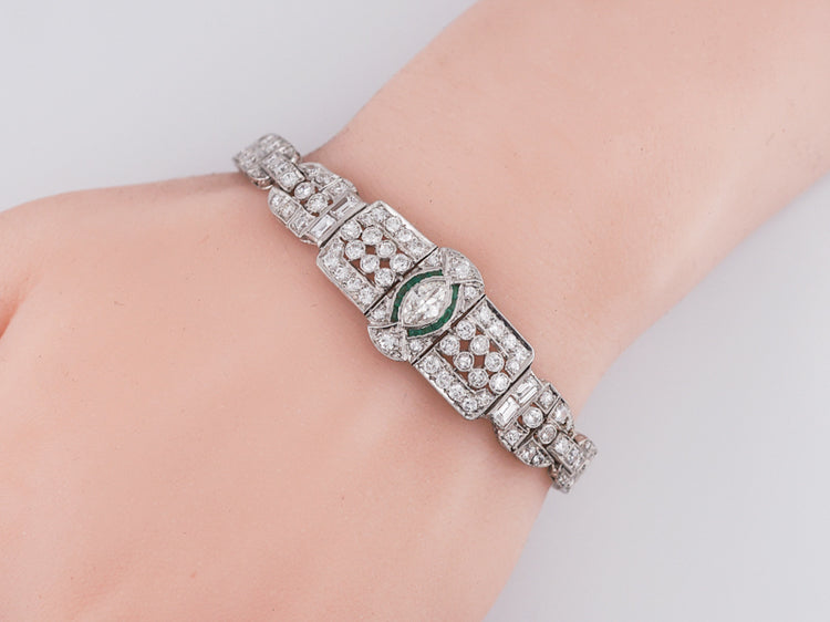Antique Bracelet Art Deco 2.99 Old European Cut Diamond & .07 Emeralds in Platinum