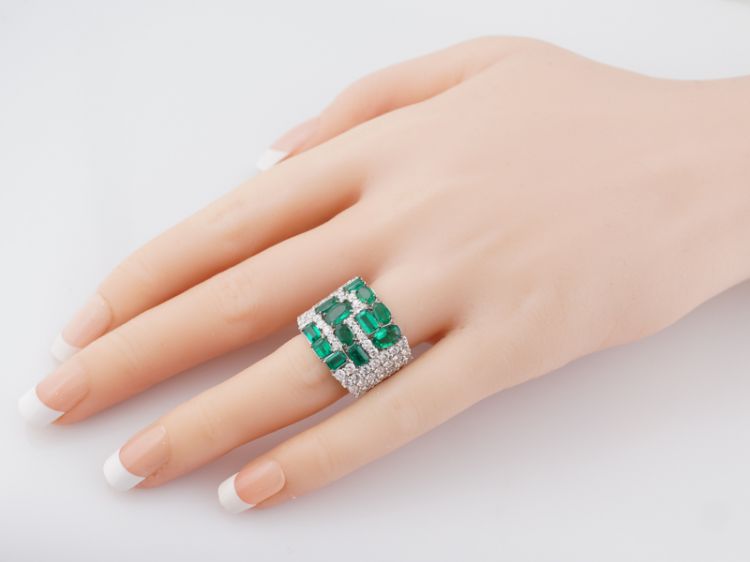 Right Hand Ring Modern 2.25 Oval/Emerald Cut Emeralds & 1.79 Round Brilliant Cut Diamonds in 18k White Gold