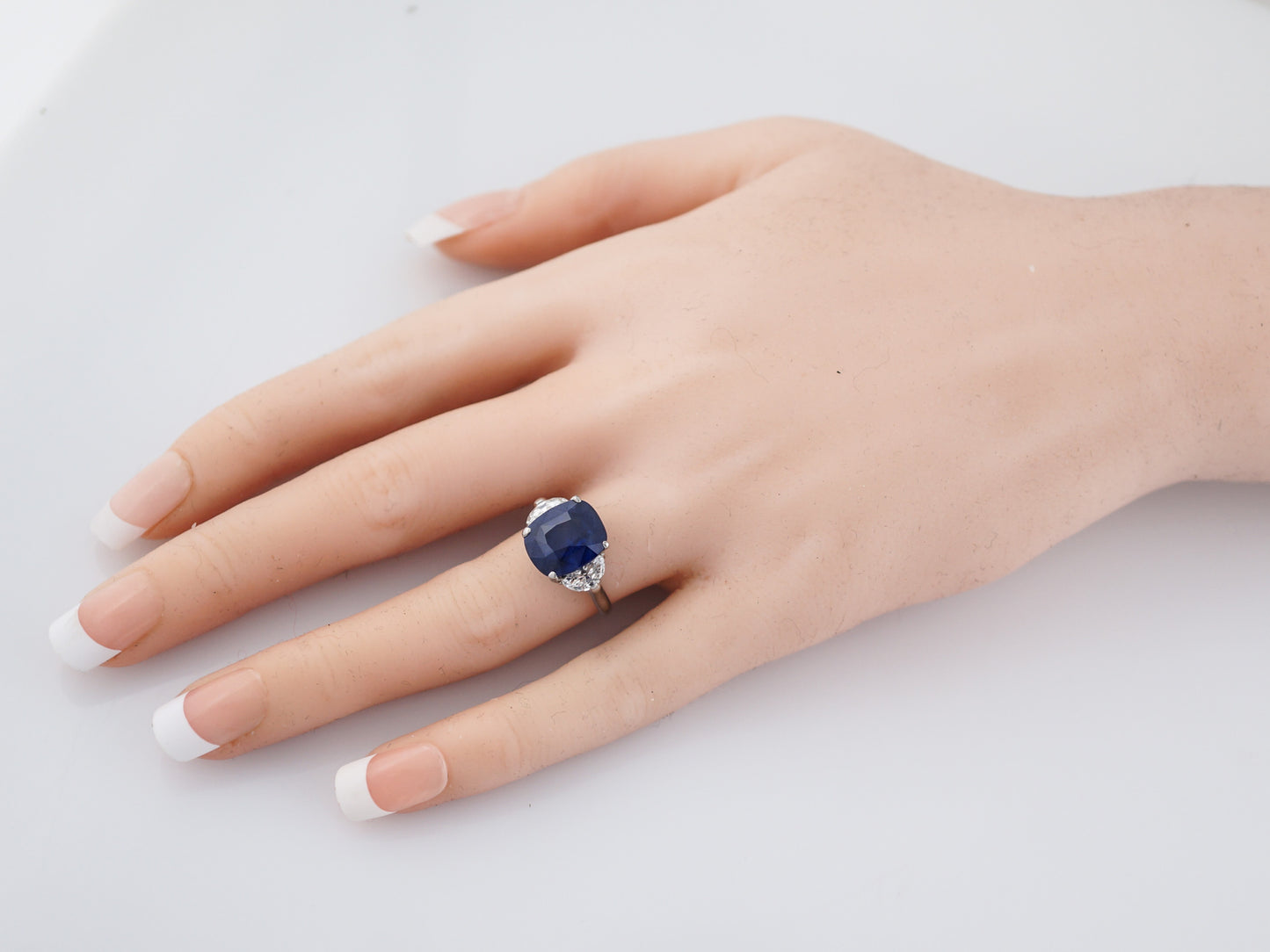 ***RTV***Engagement Ring Modern 6.40 Cushion Cut Sapphire & .60 Half Moon Cut Diamonds in Platinum